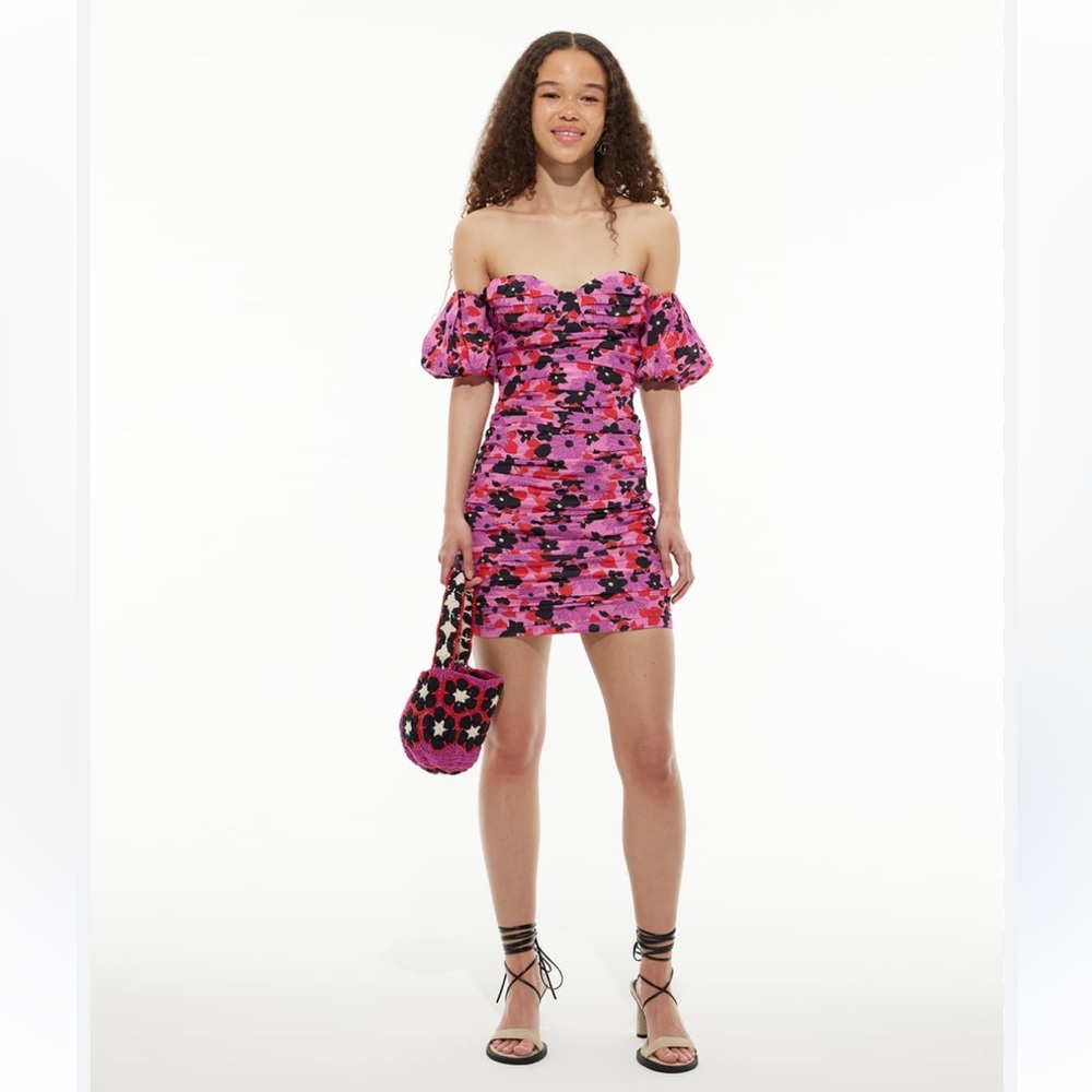 NWT Les Coyotes de Paris Off the Shoulder Mini Dress Retro Flower Pink Size XS